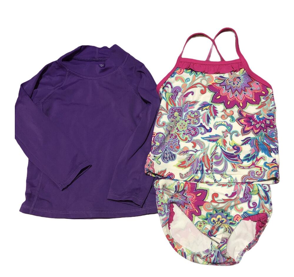 Lands End Purple Long Sleeve Rash guard Pink Paisley Tankini size 2